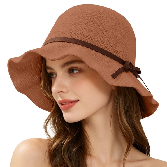 Fewfanhot Women Wide Floppy Brim Sun Hat, UPF Windproof Chin Strap Bucket Hat with Braided Bow Decor for Summer Beach Travel