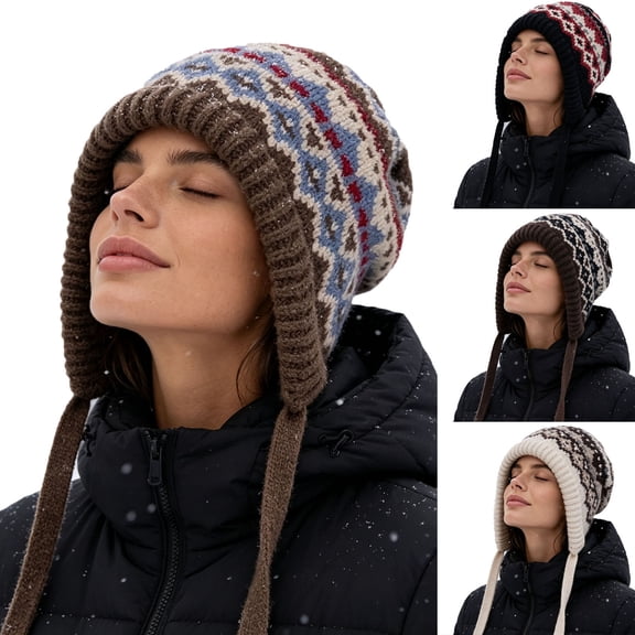 Fewfanhot Women Winter Knit Beanie Hat, Fair Isle Ear Flap Hat with Tassels, Outdoor Daily Casual Wear, Free Size