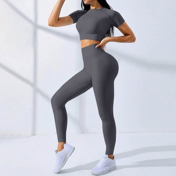 Fewfanhot Women Workout Set Short Sleeve Crop Tops Seamless Workout Yoga Tees Slim Fit High - Waisted Leggings Stretchy Yoga Set