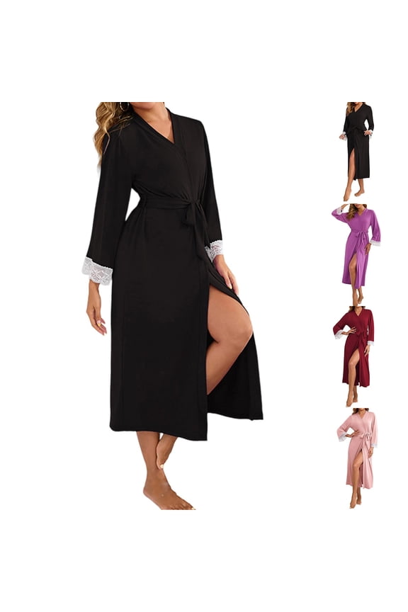 Women Wrap‑Front Lace Cuff Bath Robe, Long Sleeve Mid‑Calf House Robe with Self‑Tie Belt, Modal Loungewear S‑XL