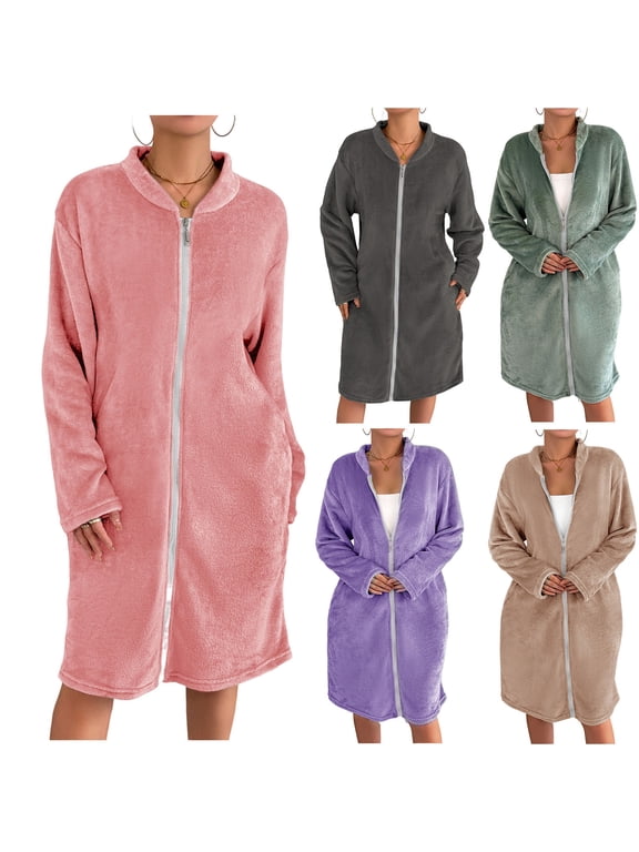 Women Zip‑Up Terry Cloth Bath Robe, Stand Collar Long Sleeve Bath Gown with Side Pockets, Mid‑Length Bath Cover-Up