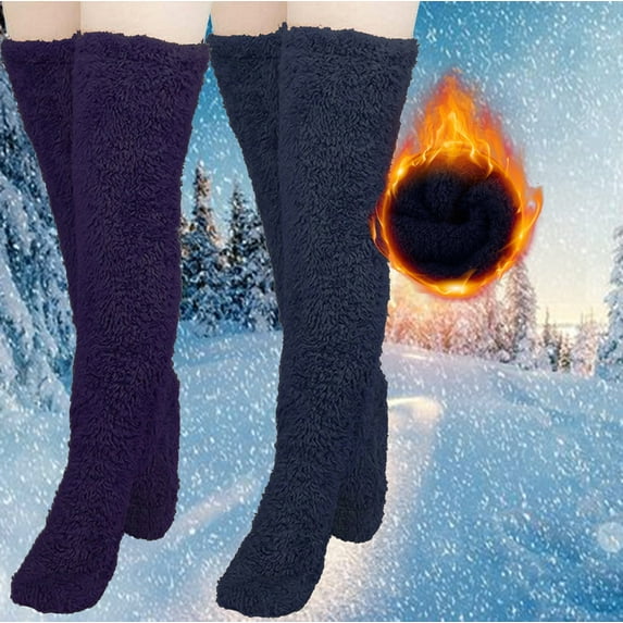 Fewfanhot Women's 2 Pairs High Fuzzy Socks Over Knee Leg Warmers Slipper Socks - Cozy Knit Holiday Designs with Non-Skid Soles for Home Celebrations and Gift Exchanges