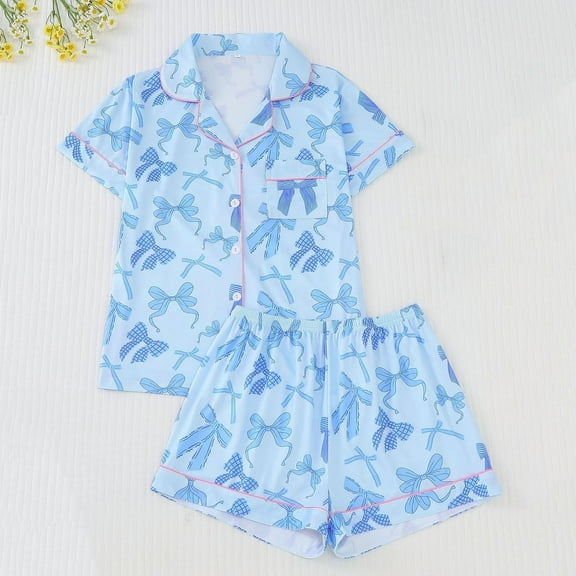 Fewfanhot Women's 2 Piece Bow Print Pajama Set Short Sleeve Button Down Lounge Shorts Comfy and Cute Sleepwear Sets