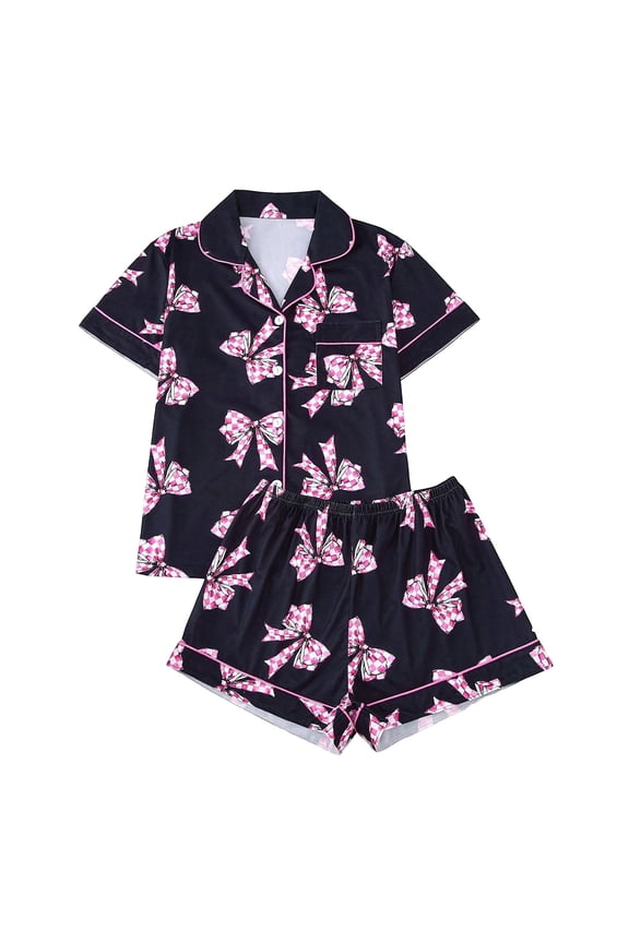 Women's Satin Pajama Set, Pink Checkered Bow Print Short Sleeve Button Down Sleepwear, Soft Loungewear with Shorts for Ladies, S-2XL