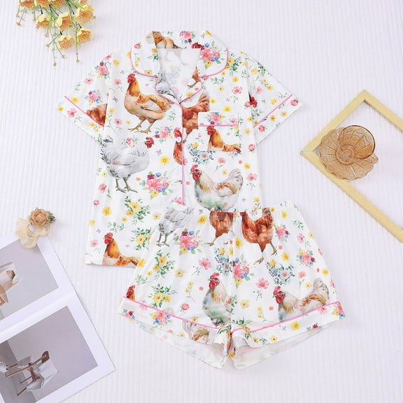 Fewfanhot Women's 2 Piece Bow Print Pajama Set Short Sleeve Button Down Lounge Shorts Comfy and Cute Sleepwear Sets