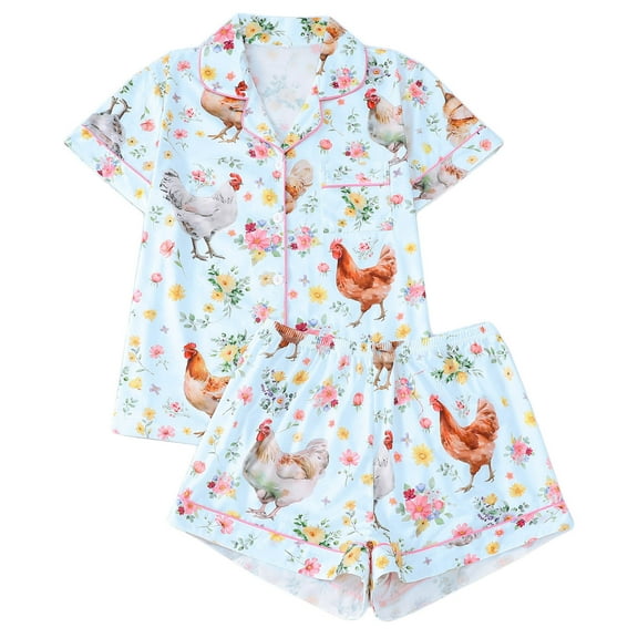 Fewfanhot Women's 2 Piece Bow Print Pajama Set Short Sleeve Button Down Lounge Shorts Comfy and Cute Sleepwear Sets