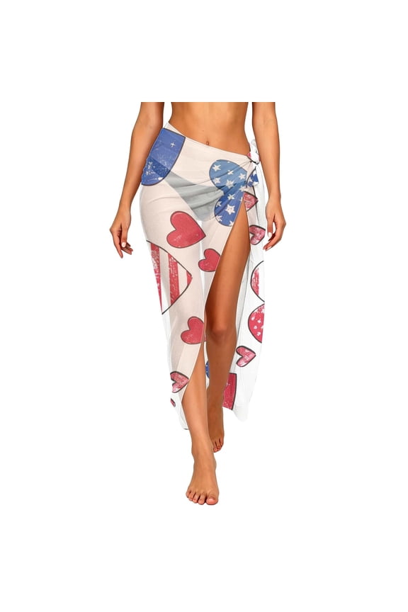 Women's 250th Anniversary American Flag Print Wrap Sarong Skirt, High Slit Beach Cover-Up Maxi Skirt, 4th of July Patriotic Swimwear Wrap Skirt, S-3XL