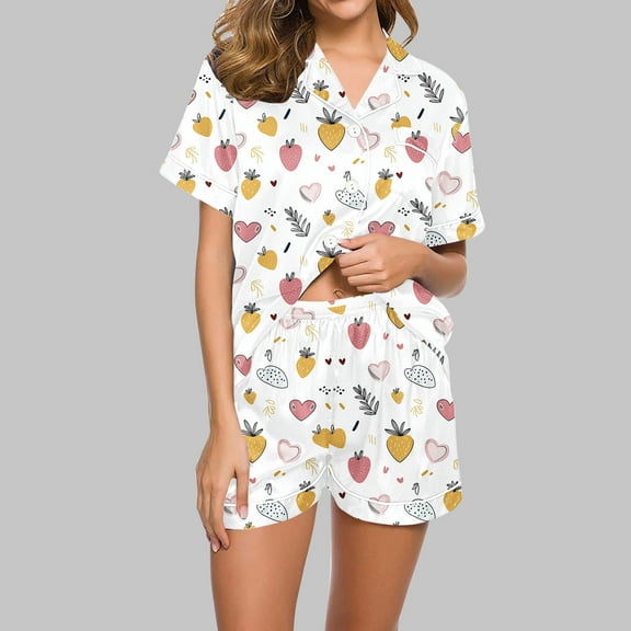 Fewfanhot Women's 2PC Ultra-Soft Large Size Sleepwear Set - Printed Short Sleeve Pajamas & Short Pants, Ideal for Home, Family Gatherings and Cozy Nightwear