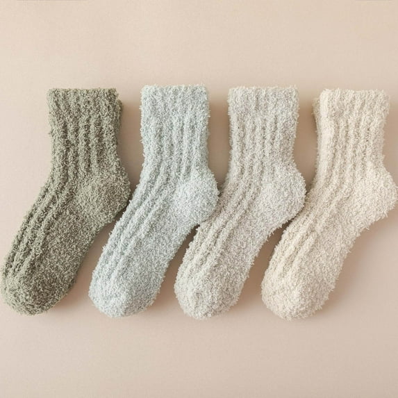 Fewfanhot Women's 4-Pack Winter Fleece Socks - Thick Warm Mid-Tube Fluffy Solid Color Design Cute Cozy Floor Socks