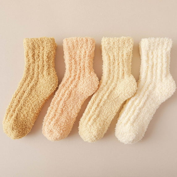 Fewfanhot Women's 4-Pack Winter Fleece Socks - Thick Warm Mid-Tube Fluffy Solid Color Design Cute Cozy Floor Socks