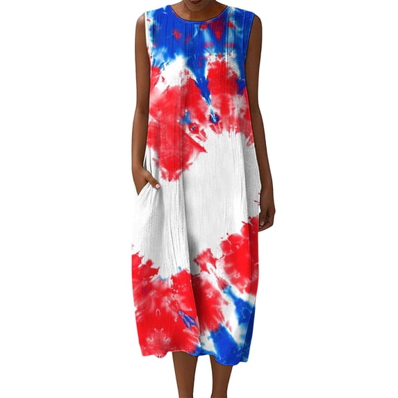Fewfanhot Women's 4th of July 250th Anniversary American Flag Print Midi Dress, Crew Neck Sleeveless Patriotic Loose Fit Sundress with Pockets, Casual Summer Tank Dress