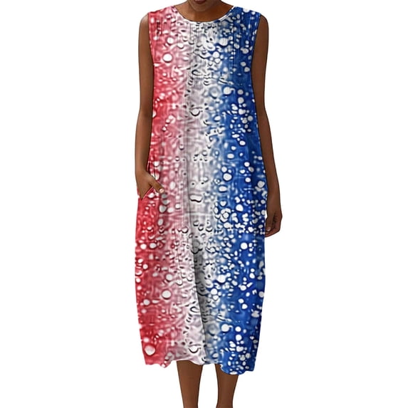 Fewfanhot Women's 4th of July 250th Anniversary American Flag Print Midi Dress, Crew Neck Sleeveless Patriotic Loose Fit Sundress with Pockets, Casual Summer Tank Dress