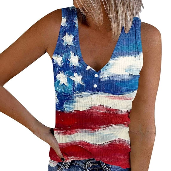 Fewfanhot Women's 4th of July Flag Tank Top, Ribbed V-Neck Sleeveless Patriotic Blouse, Casual Summer Button Henley Top, S-3XL
