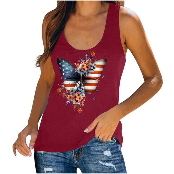 Fewfanhot Women's American Flag Butterfly Floral Print Tank Top, Patriotic Sleeveless Casual U-Neck Cami, Fourth of July Loose-Fit Blouse, S-2XL