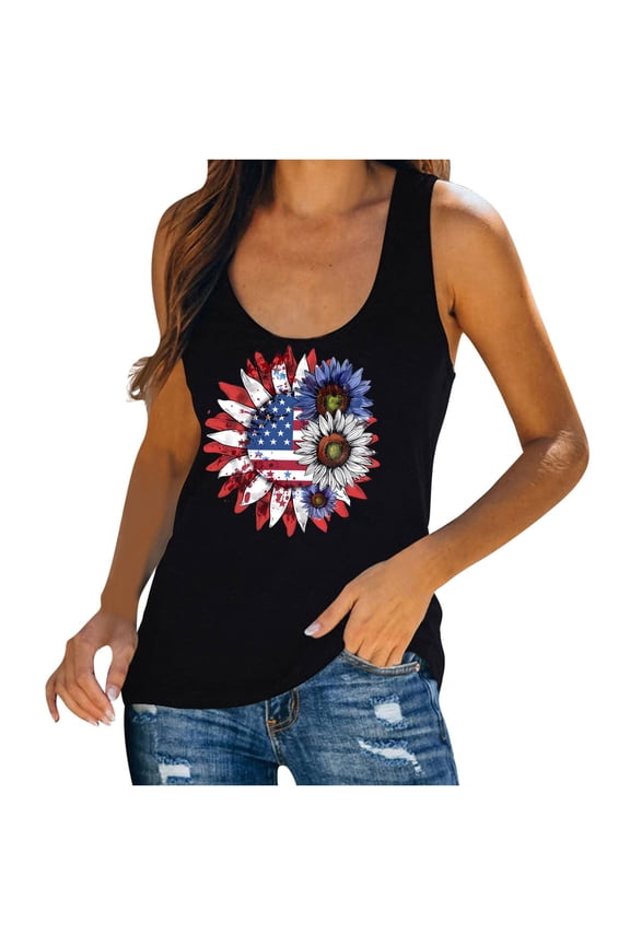 Women's American Flag Butterfly Floral Print Tank Top, Patriotic Sleeveless Casual U-Neck Cami, Fourth of July Loose-Fit Blouse, S-2XL