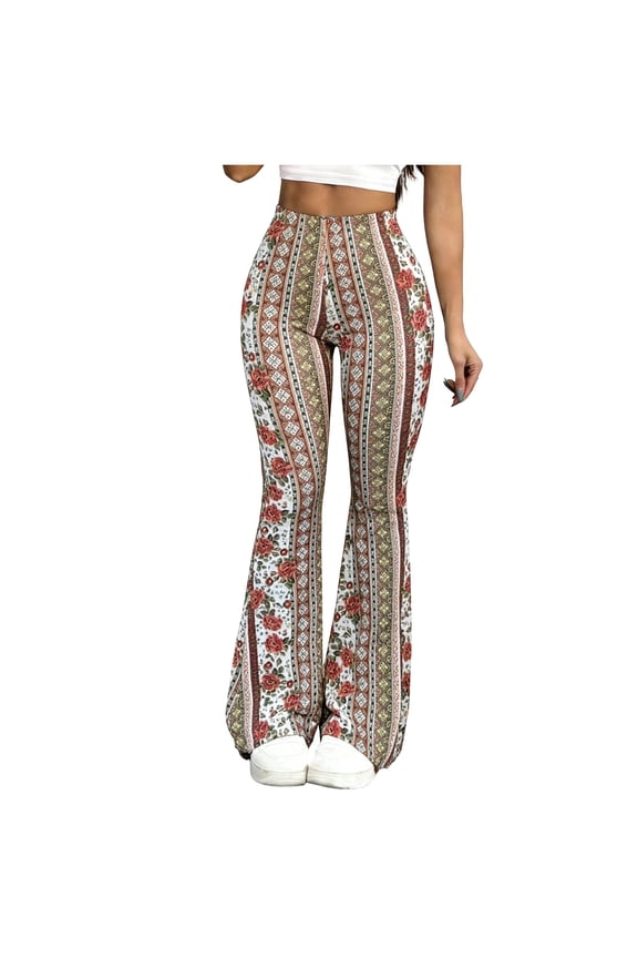 Women's Boho Paisley Print High Waist Flare Pants, Retro Striped Stretchy Bell Bottom Trousers, Gifts Pack for Mom, S-2XL