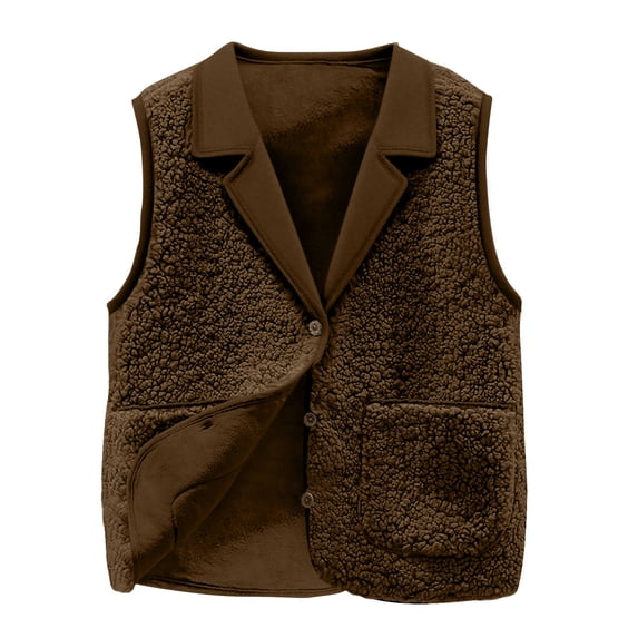 Fewfanhot Women's Casual Fuzzy Fleece Button Vest Short Length Loose Fit Lightweight Outwear Waistcoat Soft Comfort Daily Warm Tops