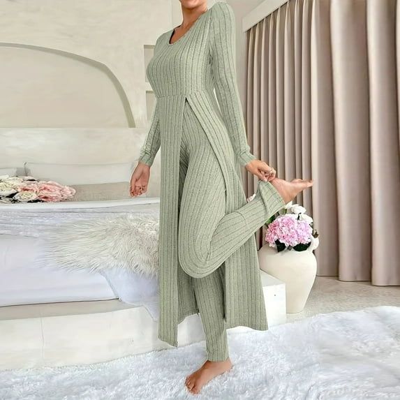Fewfanhot Women's Casual Pajama Suit Set Solid Color Round Neck Long Sleeve Top with Comfortable Shorts for Warmer Nights