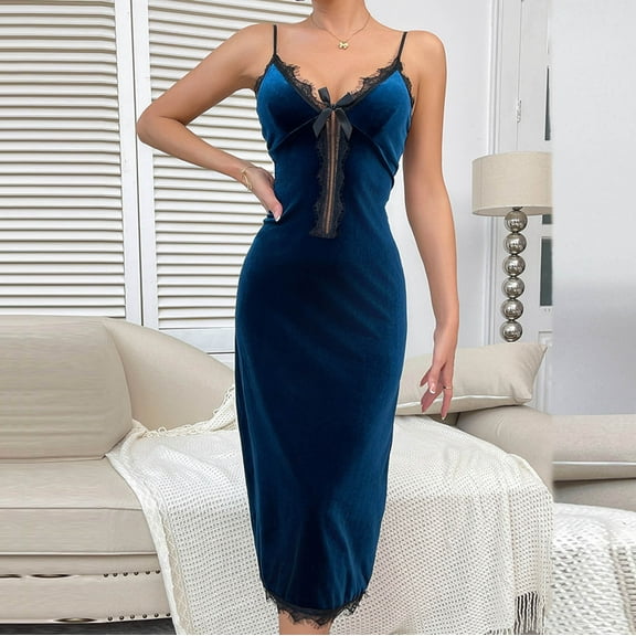 Fewfanhot Women's Casual Velvet Robe - Sleeveless Solid Color Dress With Lace Trim and Bow, Soft Loose Homewear for Cozy Lounge