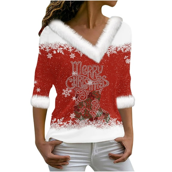 Fewfanhot Women's Christmas Letter Print 3/4 Sleeve T-Shirt Tops Ladies Blouses Shirts - Holiday Patterns and Soft Fabric for Parties and Family Photo Sessions
