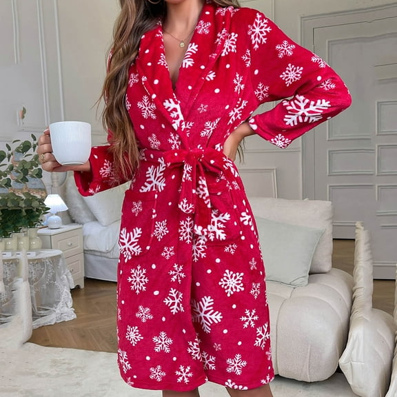 Fewfanhot Women's Christmas Red Flannel Robe with White Snowflake Pattern, Shawl Collar Knee Length Design for Holiday Lounging Cozy Winter