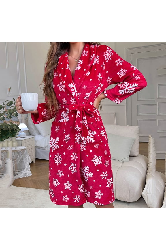 Fewfanhot Women's Christmas Red Flannel Robe with White Snowflake Pattern, Shawl Collar Knee Length Design for Holiday Lounging Cozy Winter