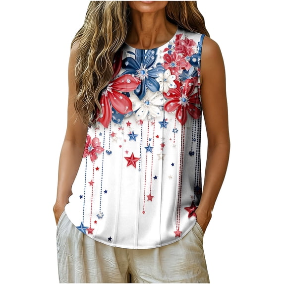 Fewfanhot Women's Clothing 4th of July Tank Top Patriotic American Flag Sleeveless Pleated Front Loose Top
