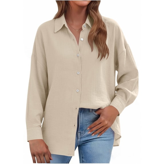 Fewfanhot Women's Clothing Button Down Cotton Dress Shirts Collared Long Sleeve Blouse Tops