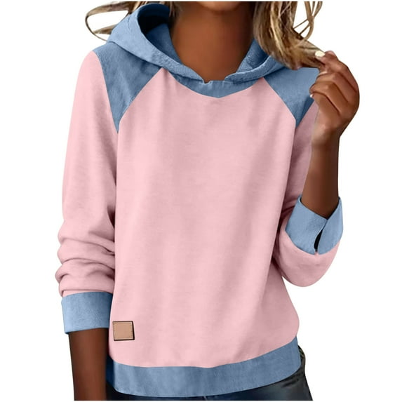 Fewfanhot Women's Clothing Cute Color Block Hoodie Casual Long sleeve Pullover Sweatshirt