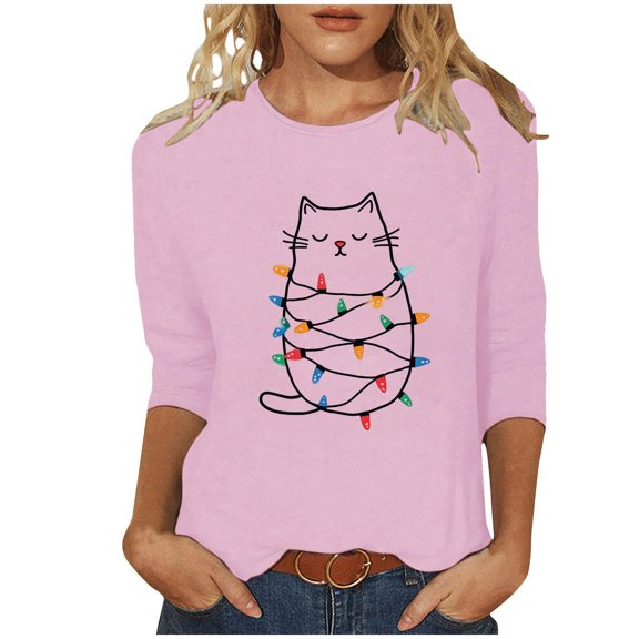 Fewfanhot Women's Clothing Funny Xmas Graphic 3/4 Sleeve Tee Winter Holiday Family Party Matching Tops