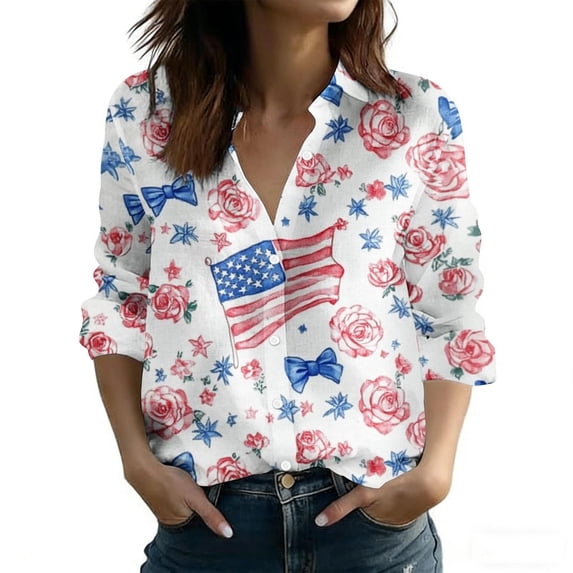 Fewfanhot Women's Clothing Long Sleeve Blouses Summer V Neck Shirts Independence Day Floral Button Spring Outfits