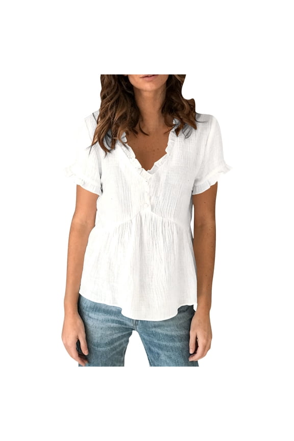 Women's Clothing Notched V Neck Lace Crochet Shirts Flutter Short Sleeve Casual Solid Blouse Tops