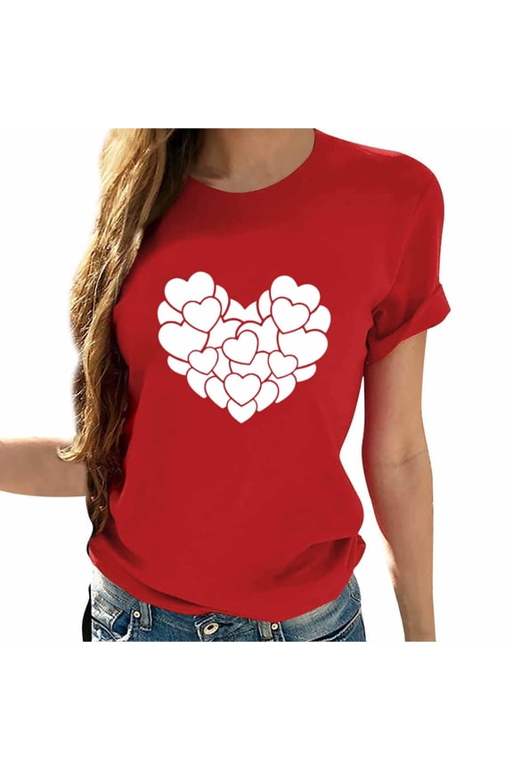 Women's Clothing Short Sleeve Tops Dressy Casual Heart Print Graphic Tee Valentine T Shirt Gift