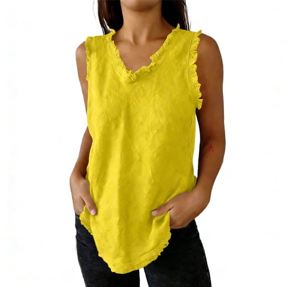 Fewfanhot Women's Clothing Sleeveless Ruffled V Neck Tops Summer Linen Tank Tops Solid Color