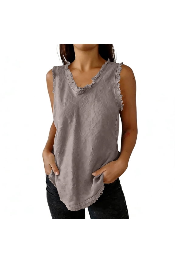 Women's Clothing Sleeveless Ruffled V Neck Tops Summer Linen Tank Tops Solid Color
