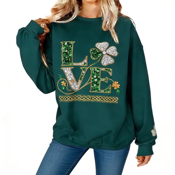 Fewfanhot Women's Clothing St Patricks Day Sweatshirt Women Long Sleeve Leopard Shamrock St. patricks Shirts Tees