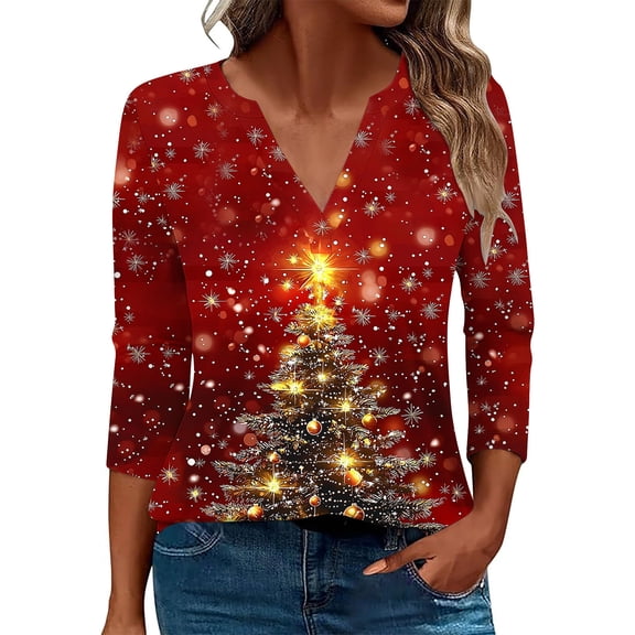 Fewfanhot Women's Clothing Tunic Tops for Leggings Casual Pullover V-Neck 3/4 Sleeved Top for Fall, Winter, Everyday Loose Tops for Women