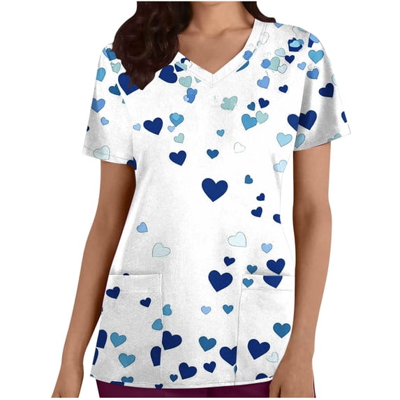 Fewfanhot Women's Clothing Valentine Scrub Tops Women V-Neck Short Sleeve Holiday Themed Heart Scrubs