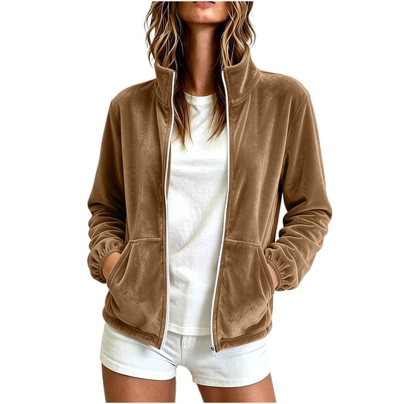 Fewfanhot Women's Clothing Zip Up Casual Long Sleeve Fall Stand Up Collar Jacket