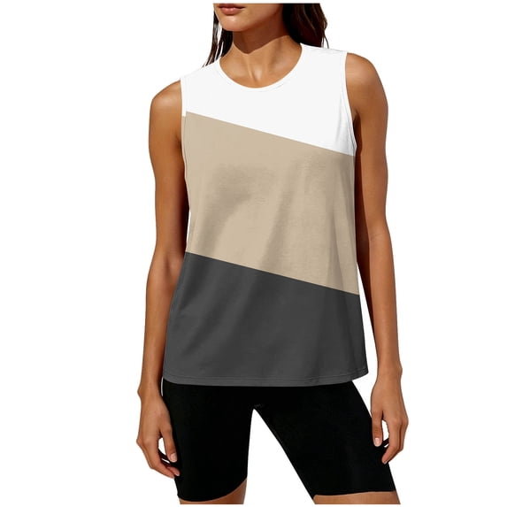 Fewfanhot Women's Color Block Sleeveless Workout Tank Top, Round Neck Athletic Blouse, Quick Dry Casual Camisole, S-5XL