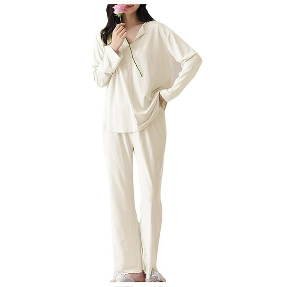 Fewfanhot Women's Comfort Fit Pajama Set Solid Color Soft Long Sleeve Top with Pants Relaxed Loungewear for Home and Sleep