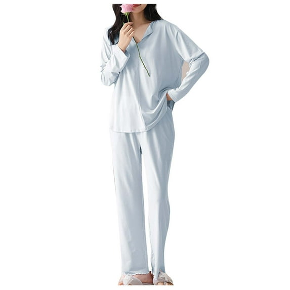 Fewfanhot Women's Comfort Fit Pajama Set Solid Color Soft Long Sleeve Top with Pants Relaxed Loungewear for Home and Sleep
