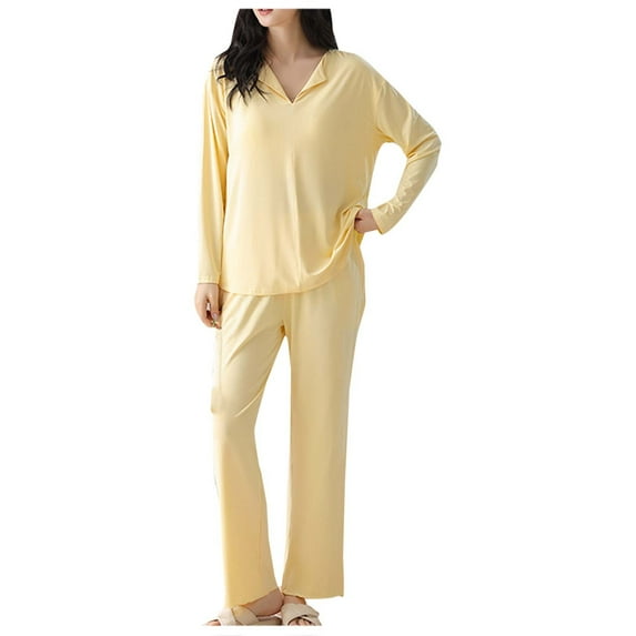 Fewfanhot Women's Comfort Fit Pajama Set Solid Color Soft Long Sleeve Top with Pants Relaxed Loungewear for Home and Sleep