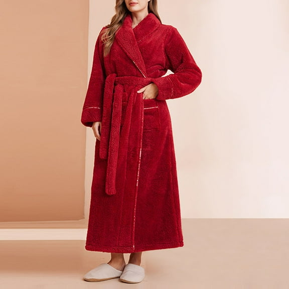 Fewfanhot Women's Cozy Classic Notch Lapel Long Sleeve Full Length Robe - Vibrant Red & Multiple Colors for Holiday Gift and Home Lounging