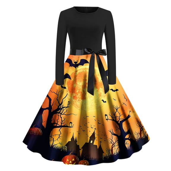 Fewfanhot Women's Dresses A-Line Plus Size Halloween Print Long Sleeve V-Neck Dresses with Belt