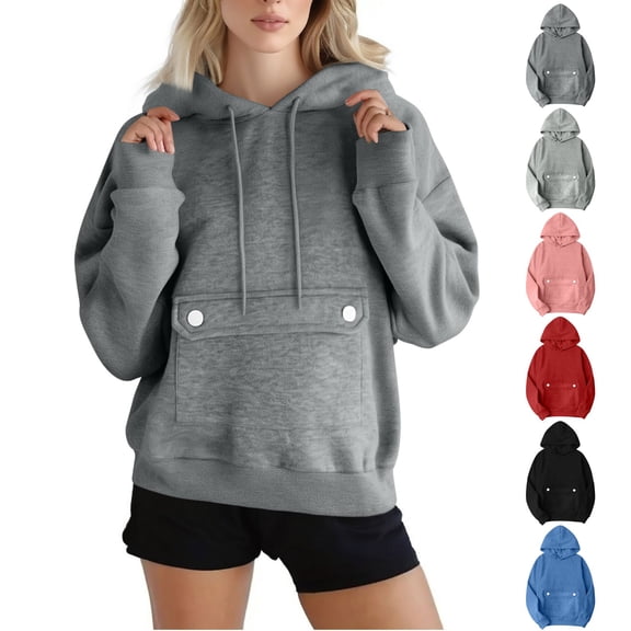 Fewfanhot Women's Fashion Hoodies & Sweatshirts Solid Basic Fleece Loose Hoodie Sweatshirt Long Sleeve Kangaroo Pocket Drop Shoulder Pullovers Top