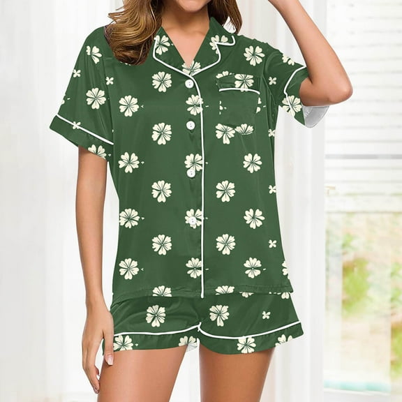 Fewfanhot Women's Fashion Pajama Set - Cute Printed Short Sleeve Round Neck Pajamas with Pants, Ideal for Home and Family Gatherings