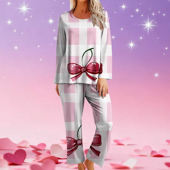 Fewfanhot Women's Fashion Print Sleepwear Set Round-Neck Long Sleeve Top with Soft Pants Cozy Nightwear for Couple