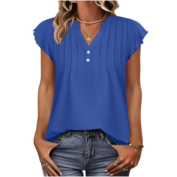 Fewfanhot Women's Fashion V Neck Button Ruched Ruffle Sleeve Tank Top Sleeveless Vest Casual Lightweight Soft Summer Daily Streetwear Comfort Tops S-XXL