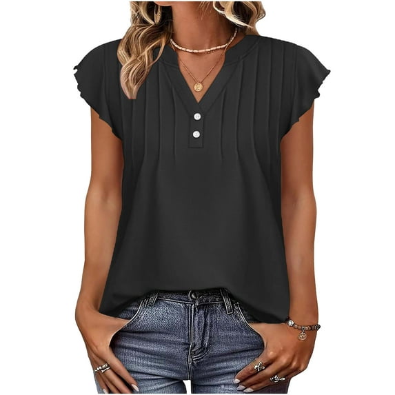 Fewfanhot Women's Fashion V Neck Button Ruched Ruffle Sleeve Tank Top Sleeveless Vest Casual Lightweight Soft Summer Daily Streetwear Comfort Tops S-XXL